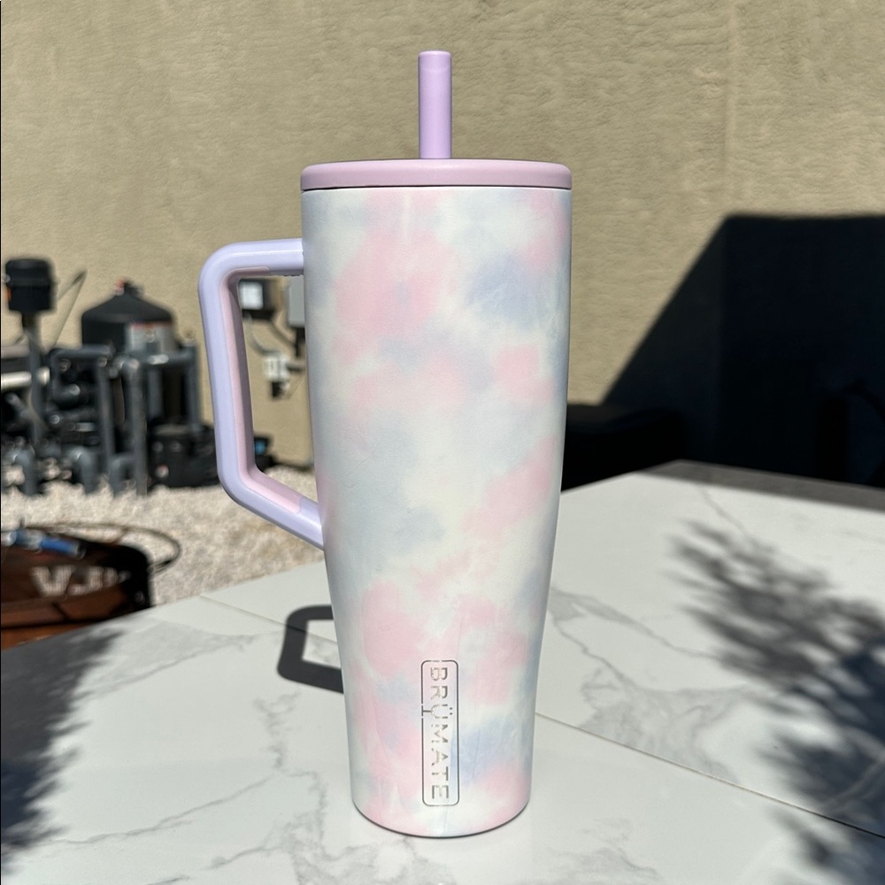 Pastel Tie-Dye Travel Mug with Handle - Purple Accents